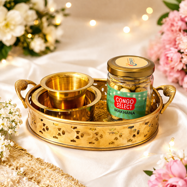 Premium Brass Puja Tray Set with Brass Bowl & Congo Select Makhana – Elegant Festive Gift Hamper