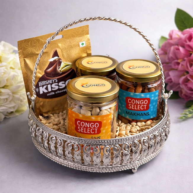 Premium Dry Fruit & Chocolate Gift Hamper with Silver Basket | Congo Select