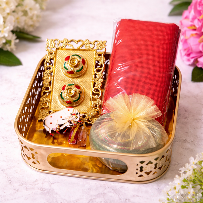 Traditional Wedding Return Gift Hamper with Blouse Piece, Bangles & Pooja Set