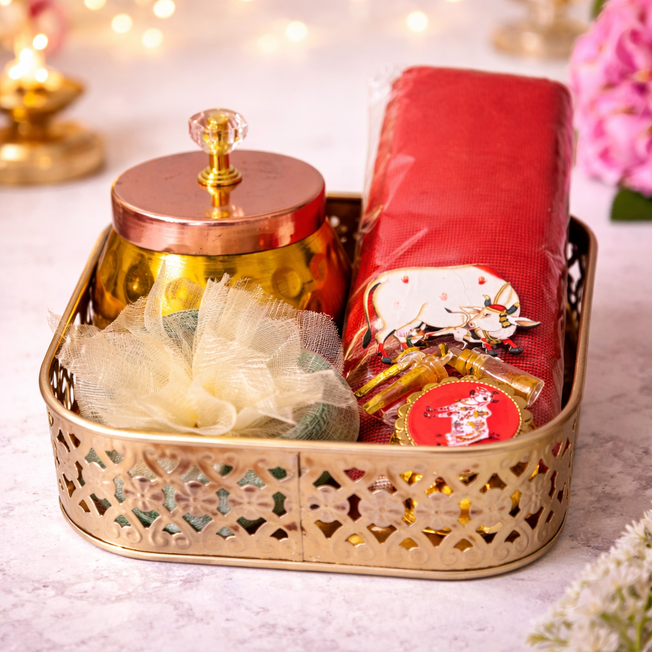 Premium Traditional Return Gift Hamper with Blouse Piece, Pooja Set & Decorative Basket