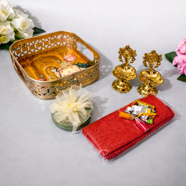 Premium Wedding Return Gift Hamper with Brass Diyas, Decorative Tray & Kumkum Set