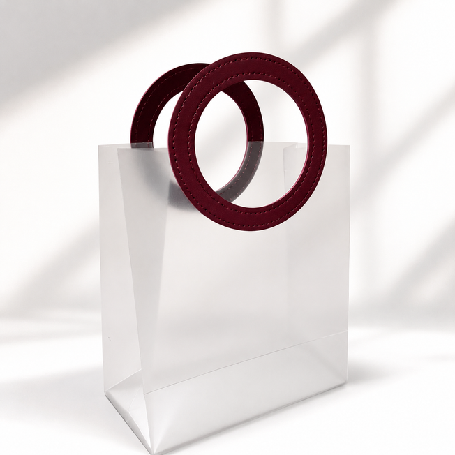 Frosted Transparent Gift Bag with Circular Burgundy Handles | Reusable Premium Gift Packaging Bag | 10 x 9 x 4.5 Inch