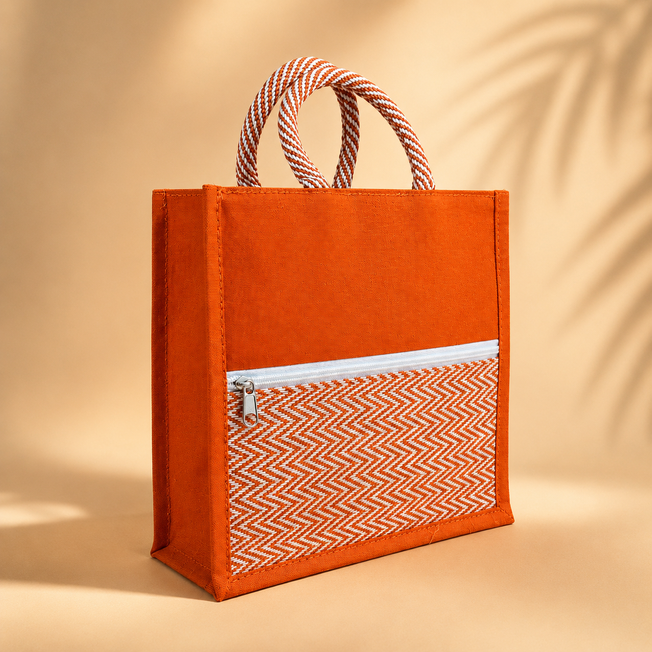 Assorted Jute Tote Bag with Front Zipper Pocket | Reusable Gift & Shopping Bag | 11 x 10 x 4.5 Inch