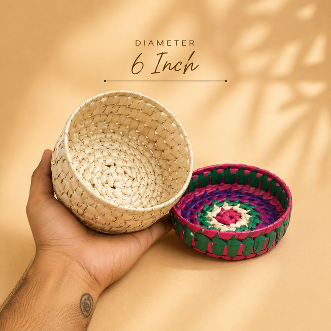 Handwoven Round Palm Leaf Storage Basket with Lid | Eco-Friendly Handmade Decorative Basket | 6 Inch Diameter