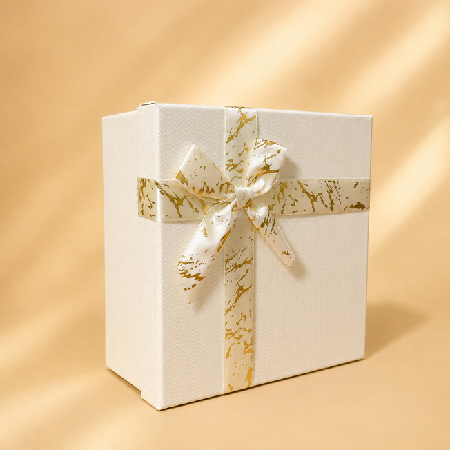 Premium Ivory Gift Box with Gold Ribbon Bow | Luxury Rigid Gift Packaging Box | 7.5 x 7.5 x 3.5 Inch