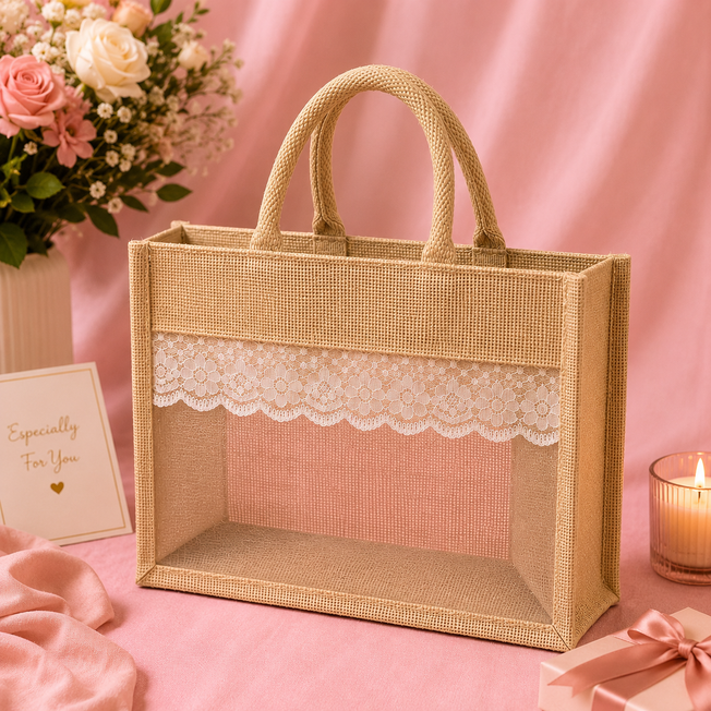 Premium Jute Lace Gift Bag with Transparent Window | Reusable Eco-Friendly Return Gift Bag | 12 x 10 x 4 Inch