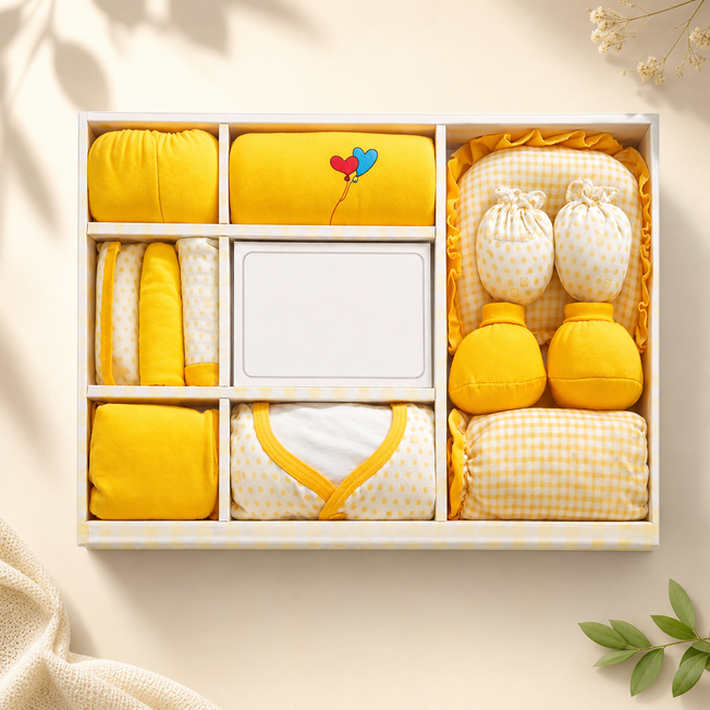 Premium Newborn Baby Gift Set (0–3 Months) – Yellow & White Welcome Hamper for Baby Shower & New Parents