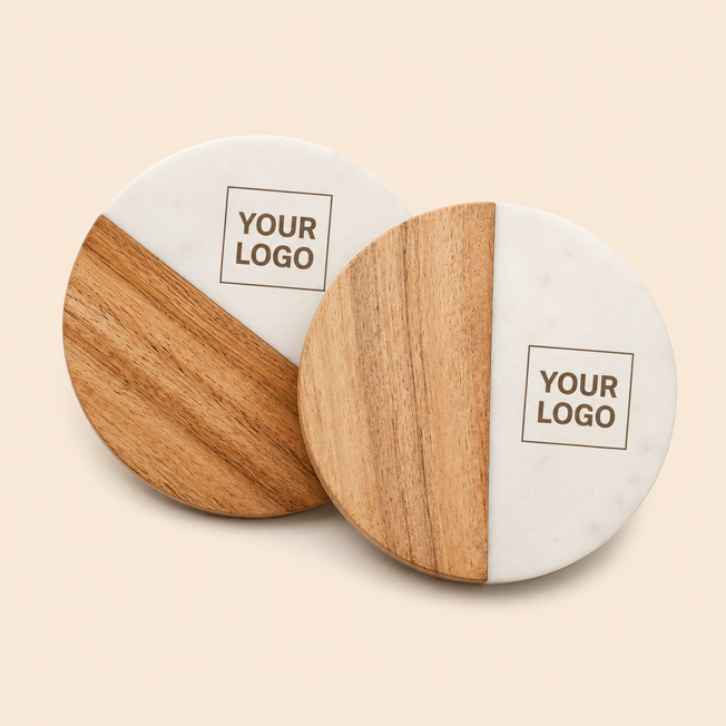 Custom Logo Marble & Wooden Coaster Set | Premium Personalized Table Coasters