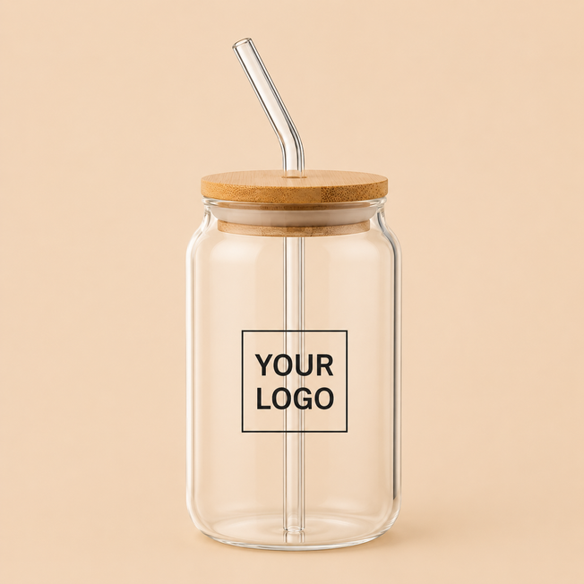 Custom Logo Glass Tumbler with Bamboo Lid & Glass Straw | Premium Eco-Friendly Drinking Jar
