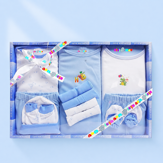 Newborn Baby Gift Set – 13 Piece Cotton Clothing & Accessories Combo (Blue)