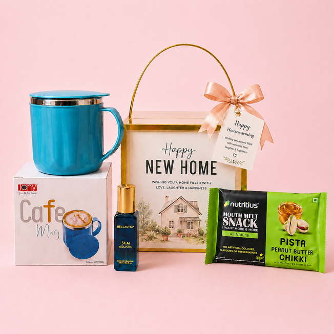 Personalized Housewarming Return Gift Hamper with Premium Cafe Mug, Luxury Perfume, Pista Chikki & Custom Message Card | New Home Gift Set