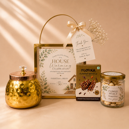 Personalized Housewarming Gift Hamper with Metal Storage Jar, Almond Brittle & Makhana Jar | Premium Return Gift