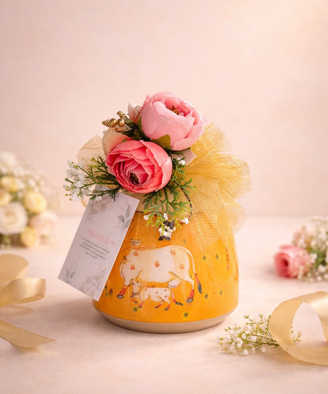 Elegant Floral Potli Return Gift with Decorative Pot & Flower Arrangement
