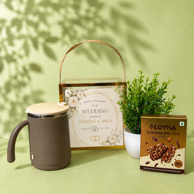 Personalized Wedding Return Gift Hamper with Stainless Steel Mug, Artificial Plant & Almond Brittle | Premium Wedding Favor Gift Box