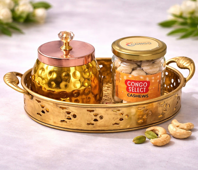 Premium Dry Fruits Gift Set with Brass Tray | Luxury Cashew Gift Hamper | Ready to Gift Combo