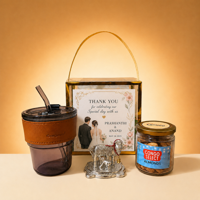Personalized Wedding Return Gift Hamper with Leather Tumbler, Cow Idol & Almond Jar | Premium Wedding Favor Box