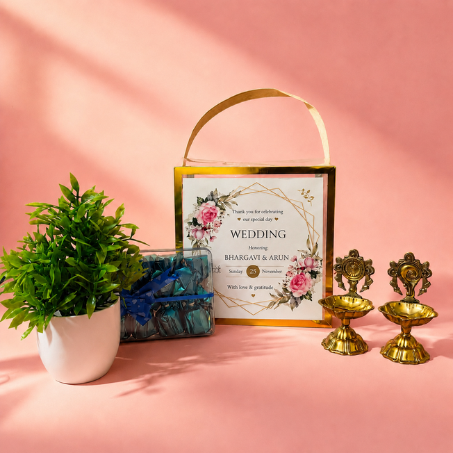 Personalized Wedding Return Gift Hamper with Brass Diya Set, Artificial Plant & Chocolates | Premium Gift Box