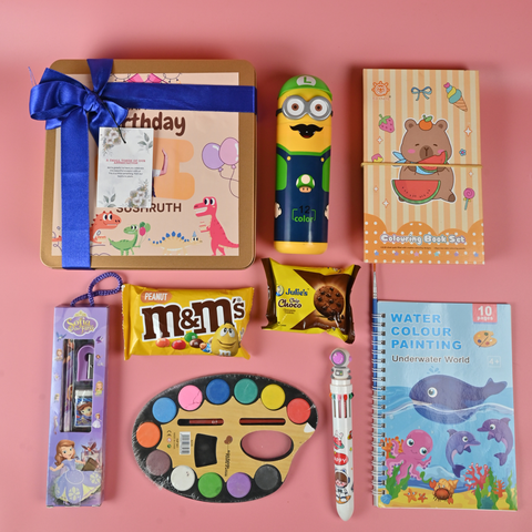 Kids Premium Return Gift Combo with Metal Box, Art Kit & Chocolates | Birthday Gift Set