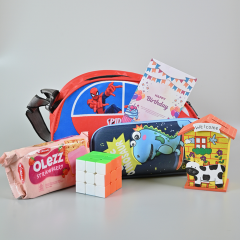 Kids Return Gift Combo – Sling Bag, Pencil Pouch, Puzzle Cube, Snack Treat & Birthday Card | Party Favors