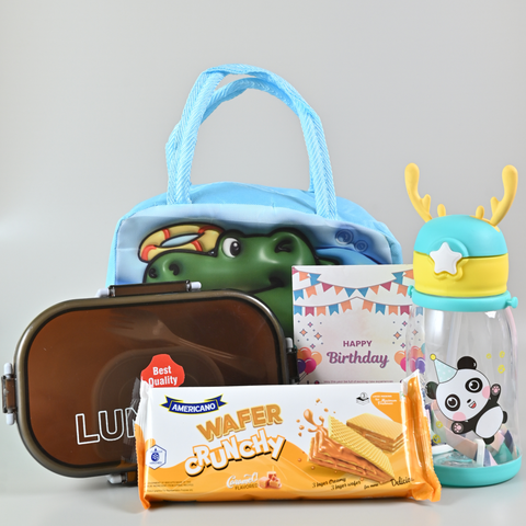 Premium Kids Return Gift Combo – Thermal Lunch Bag, Water Bottle, Snack Treat & Birthday Card | Birthday Party Favors