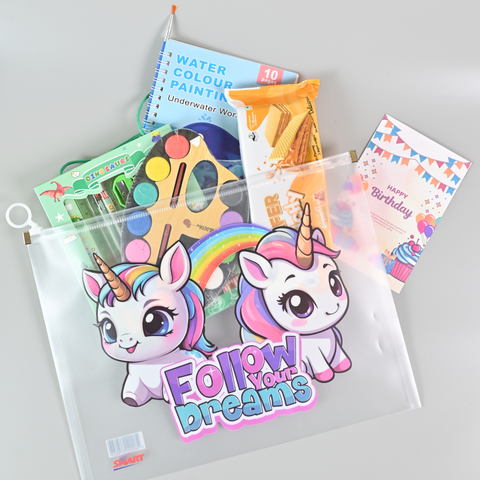 Ultimate Kids Return Gift Combo – Water Colour Book, Painting Kit, Stationery Set, Wafer Treat & Unicorn Pouch | Birthday Party Favors