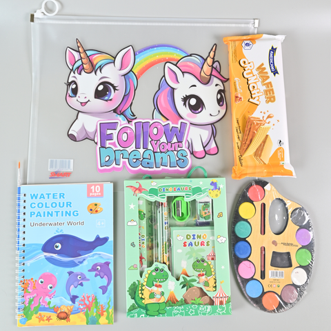 Ultimate Kids Return Gift Combo – Water Colour Book, Painting Kit, Stationery Set, Wafer Treat & Unicorn Pouch | Birthday Party Favors