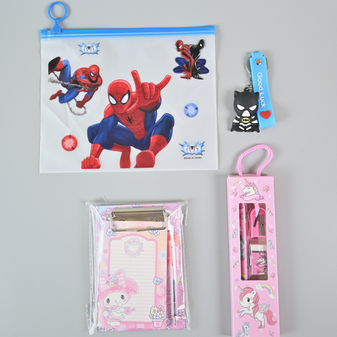 Trendy Kids Return Gift Combo – Stationery Set, Mini Diary, Sharpener Kit & Cartoon Pouch | Birthday Party Favors