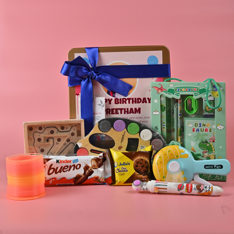 Kids Premium Return Gift Combo with Metal Box, Toys, Art Kit & Chocolates | Birthday Gift Set