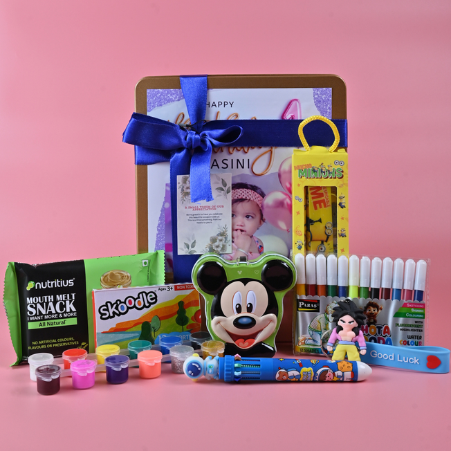 Kids Premium Return Gift Combo with Metal Box, Art Kit & Stationery | Personalized Birthday Gift Set