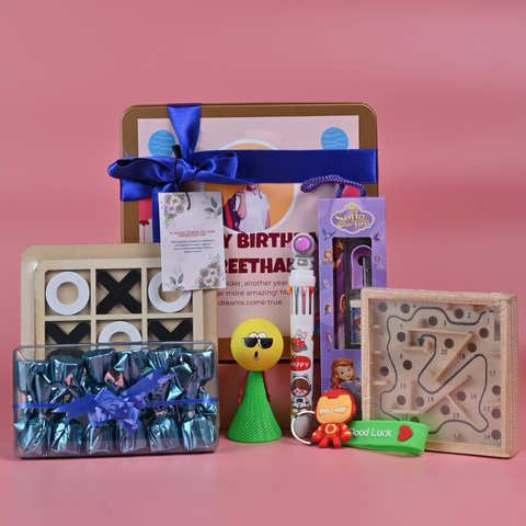 Kids Premium Return Gift Combo with Metal Box, Toys & Games | Personalized Birthday Gift Set