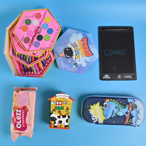 Kids Premium Return Gift Combo with Art Kit, Pencil Pouch, Writing Pad & Toys | Birthday Gift Set