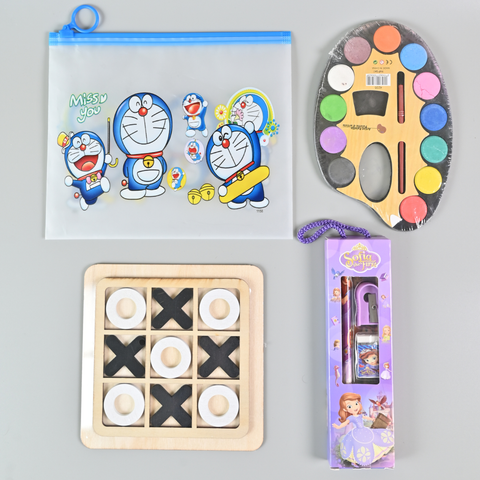 Deluxe Kids Return Gift Combo – Painting Kit, Tic Tac Toe Game, Stationery Set & Cartoon Pouch | Birthday Party Favors