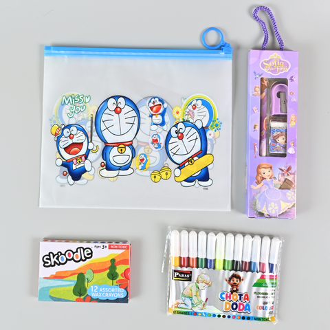Premium Kids Return Gift Combo – Crayons, Sketch Pens, Stationery Kit & Cartoon Pouch | Birthday Party Favors