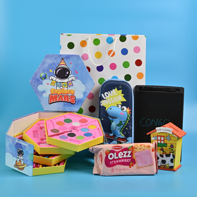 Kids Premium Return Gift Combo with Art Kit, Pencil Pouch, Writing Pad & Toys | Birthday Gift Set