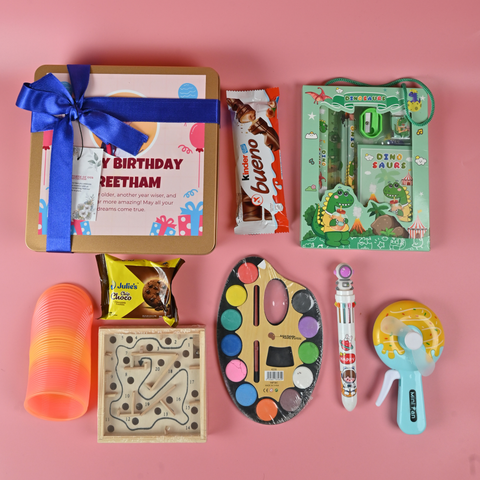 Kids Premium Return Gift Combo with Metal Box, Toys, Art Kit & Chocolates | Birthday Gift Set
