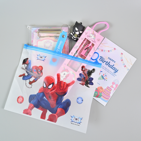 Trendy Kids Return Gift Combo – Stationery Set, Mini Diary, Sharpener Kit & Cartoon Pouch | Birthday Party Favors