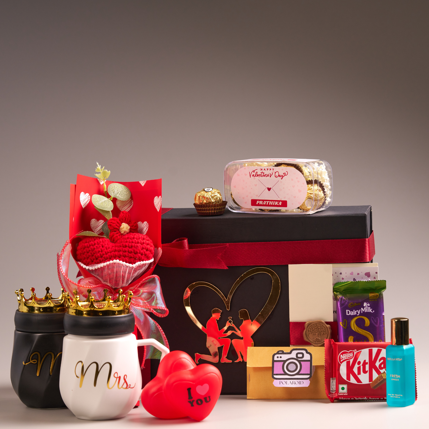 Luxury Personalized Valentine Gift Box with Mr & Mrs Mugs, Chocolates & Teddy – Congo