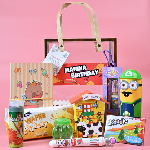 Kids Return Gift Combo Pack with Personalized Clear Bag | Creative Activity Gift Set for Birthday Party