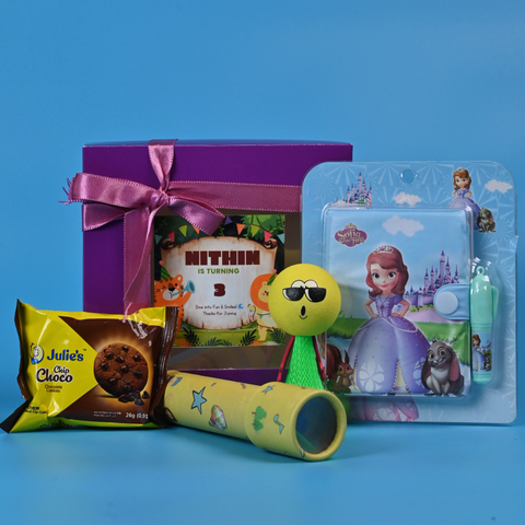 Kids Return Gift Combo with Book & Pen, Kaleidoscope & Toy | Personalized Gift Box for Birthday