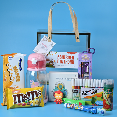 Kids Return Gift Combo Pack with Personalized Clear Bag | All-in-One Fun, Stationery & Utility Gift Set for Birthday Party